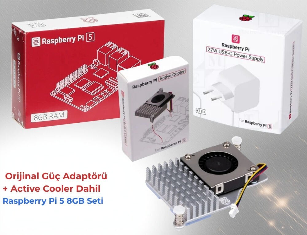 Raspberry Pi 5 8GB orijinal güç adaptörlü Active Cooler seti