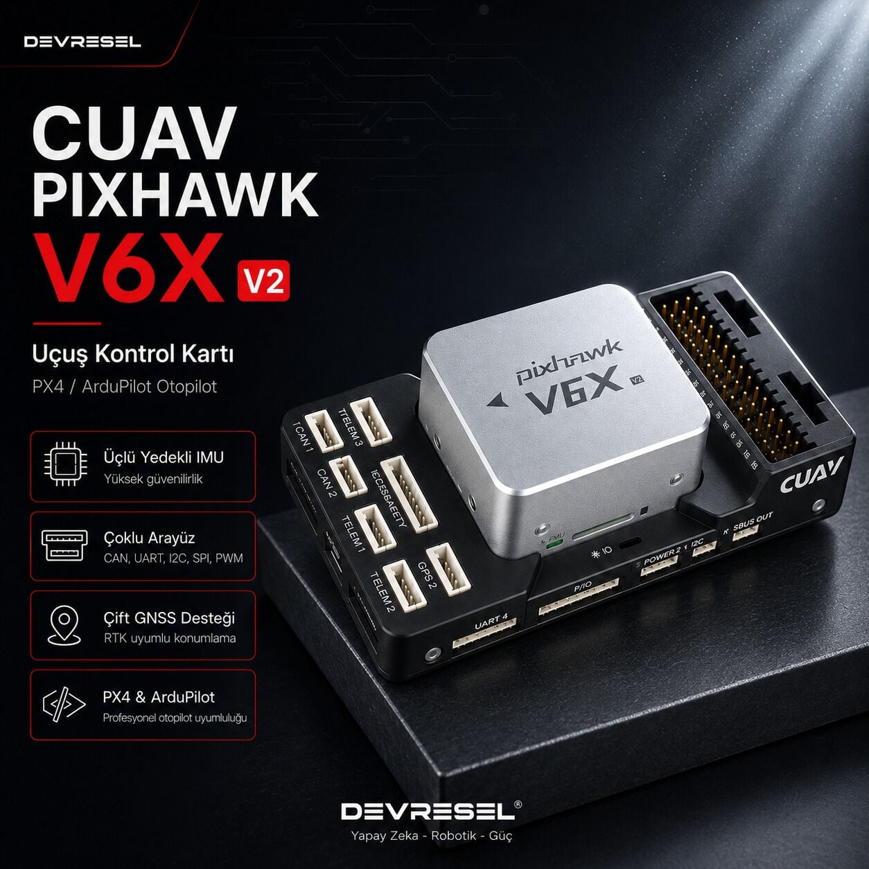 CUAV Pixhawk V6X V2 uçuş kontrol kartı – PX4 ve ArduPilot uyumlu, üçlü yedekli IMU’lu profesyonel otopilot