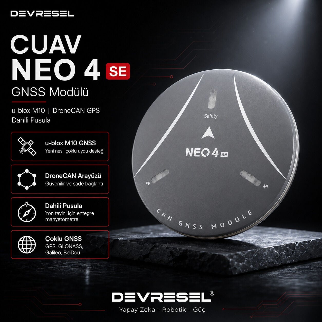 CUAV NEO 4 SE GNSS modülü – u-blox M10, DroneCAN GPS ve dahili pusula