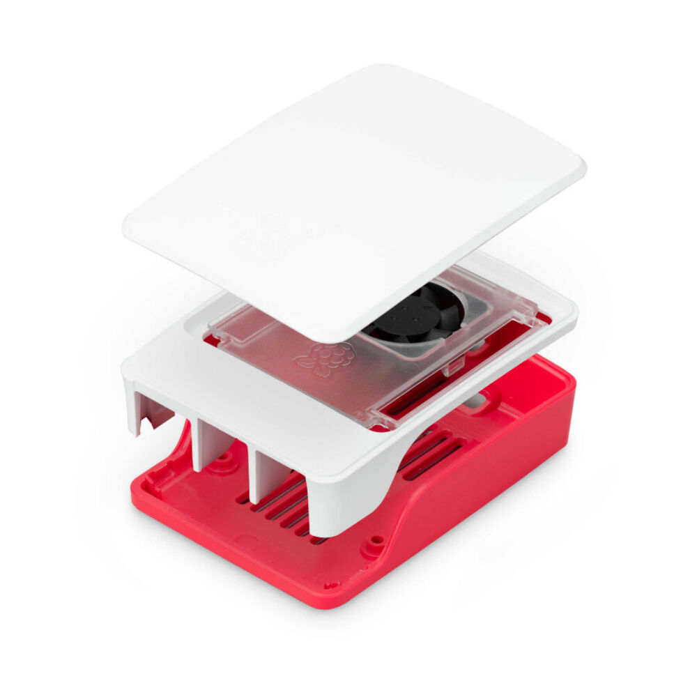 Raspberry Pi 5 resmi kasa SC1159 aktif fanli on gorunum beyaz kirmizi