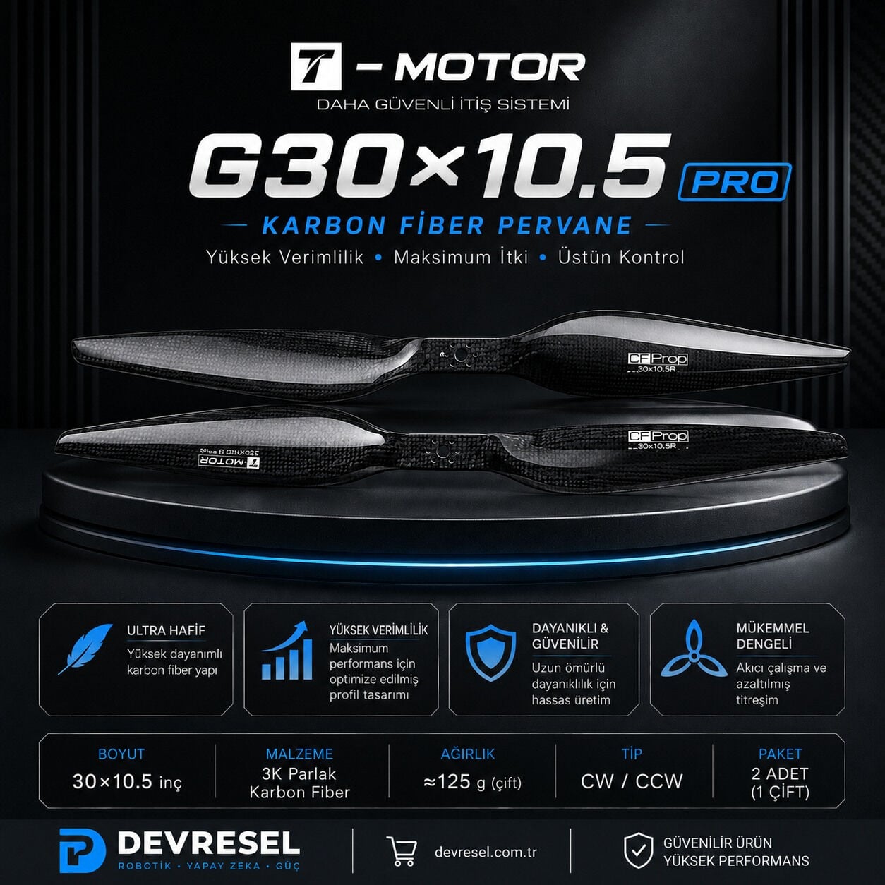 T-Motor G30x10.5 glossy carbon fiber UAV pervanesi ana gorunum