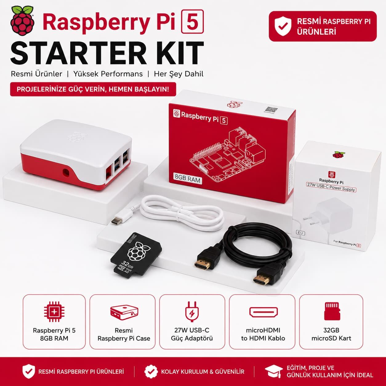 Raspberry Pi 5 Starter Kit 8GB | Hobi & Başlangıç Seti – Devresel