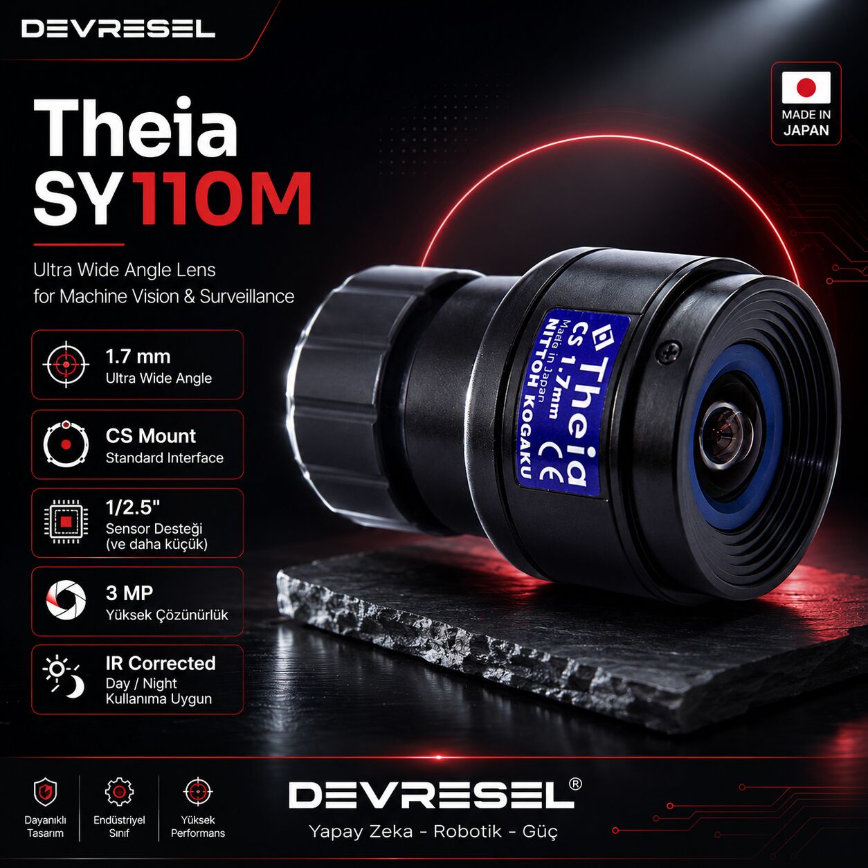 Theia SY110M 1.7mm F1.8 Distorsiyonsuz Ultra Geniş Açı CS Mount Day/Night Kamera Lensi