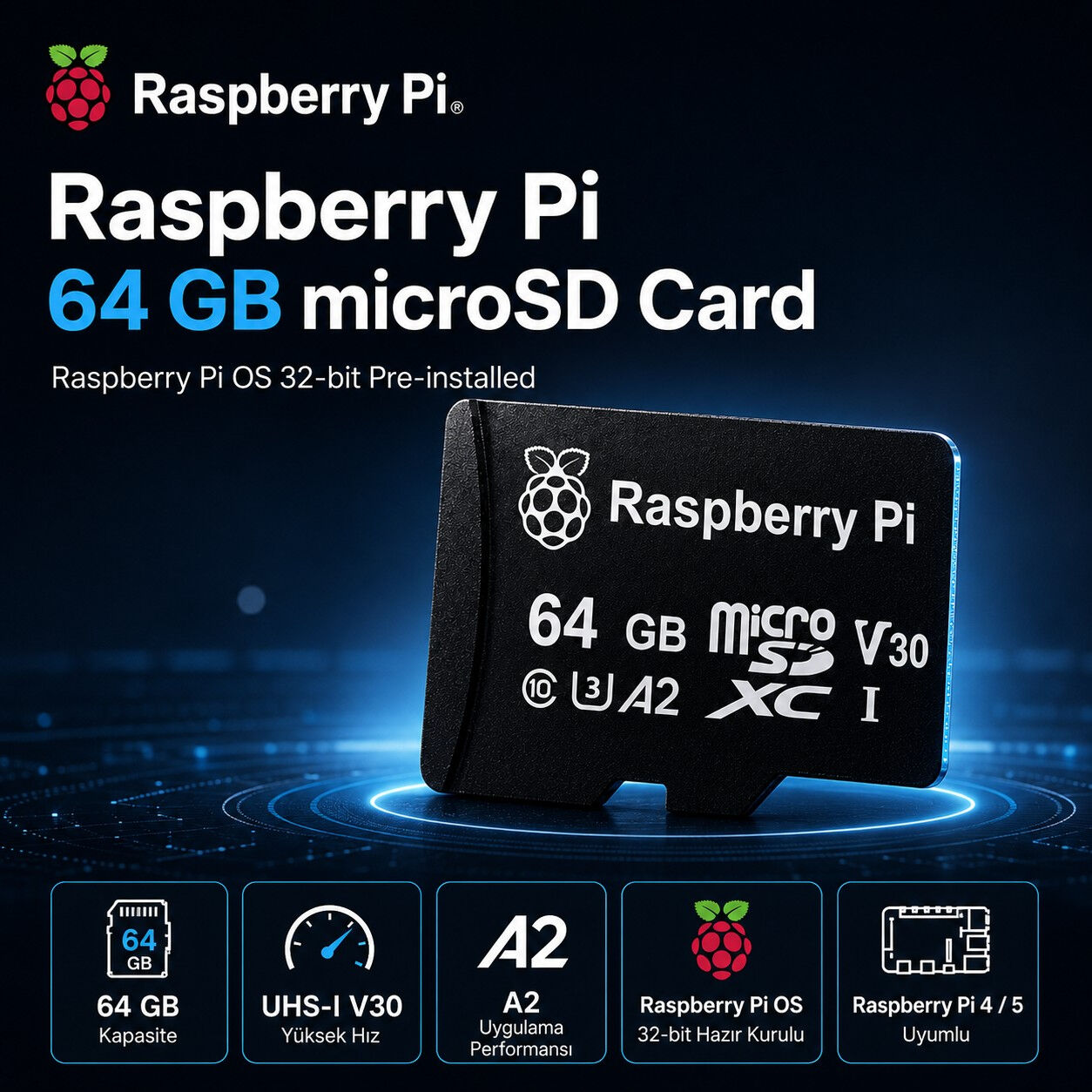 Raspberry Pi SD Card 64GB A2 sinifi microSDXC hafiza karti Pi OS on yuklu ana gorunum