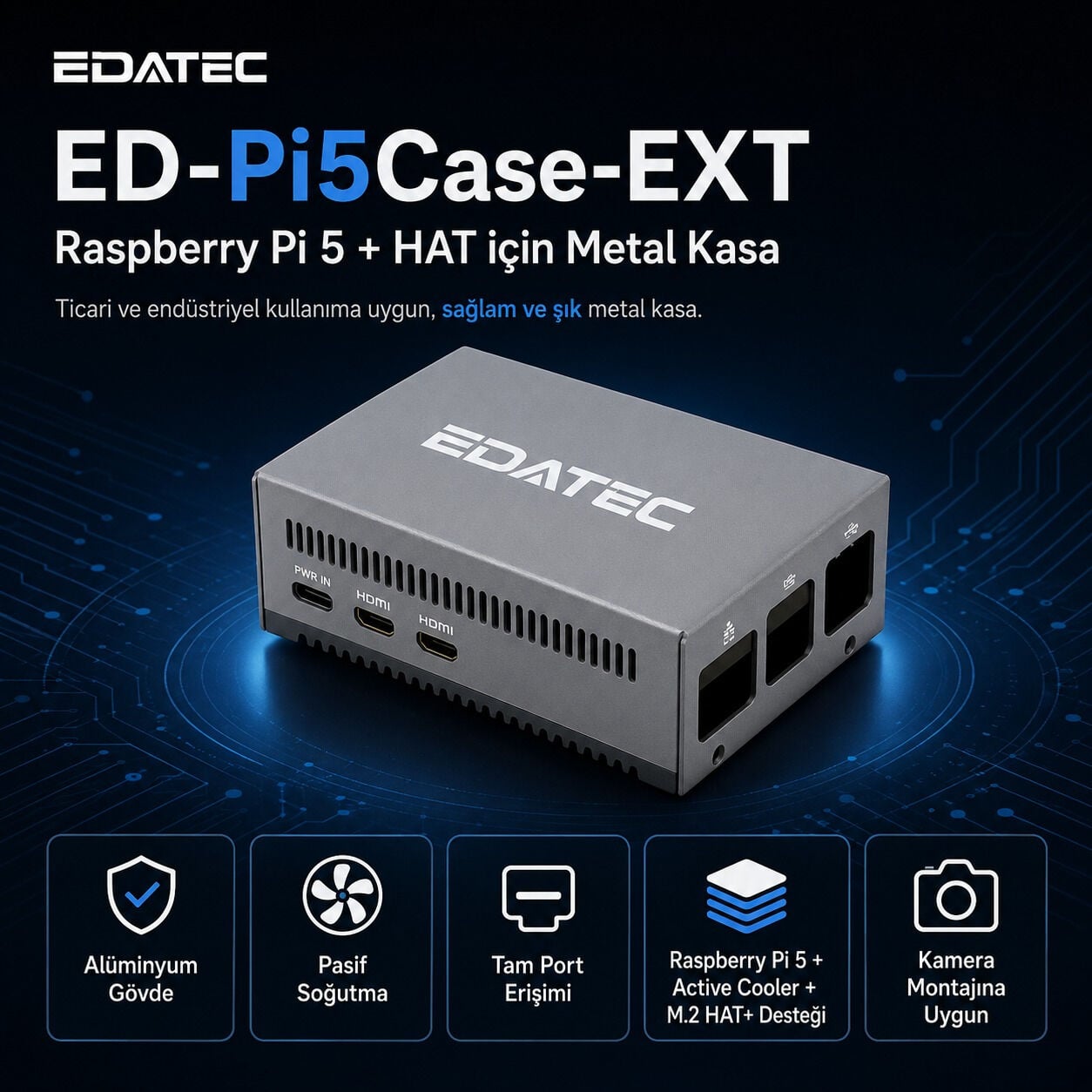 EDATEC ED-Pi5Case-EXT Raspberry Pi 5 uyumlu pasif sogutmali metal kasa ana gorunum
