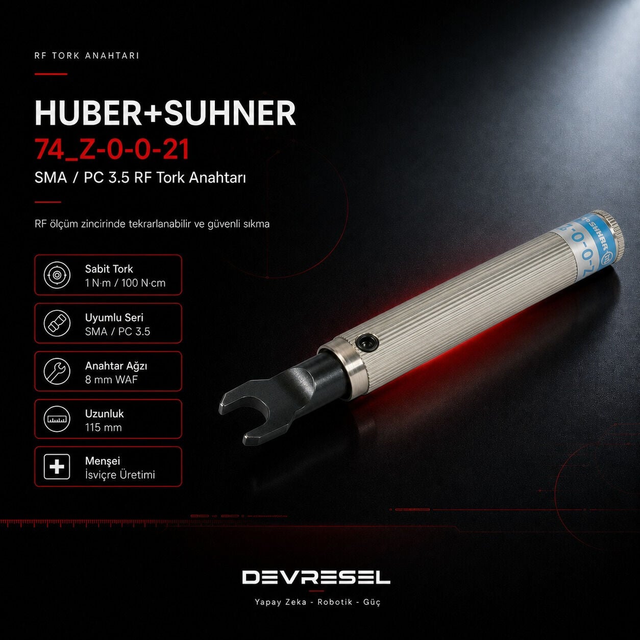 HUBER+SUHNER 74_Z-0-0-21 SMA RF tork anahtari 1 Nm on gorunum