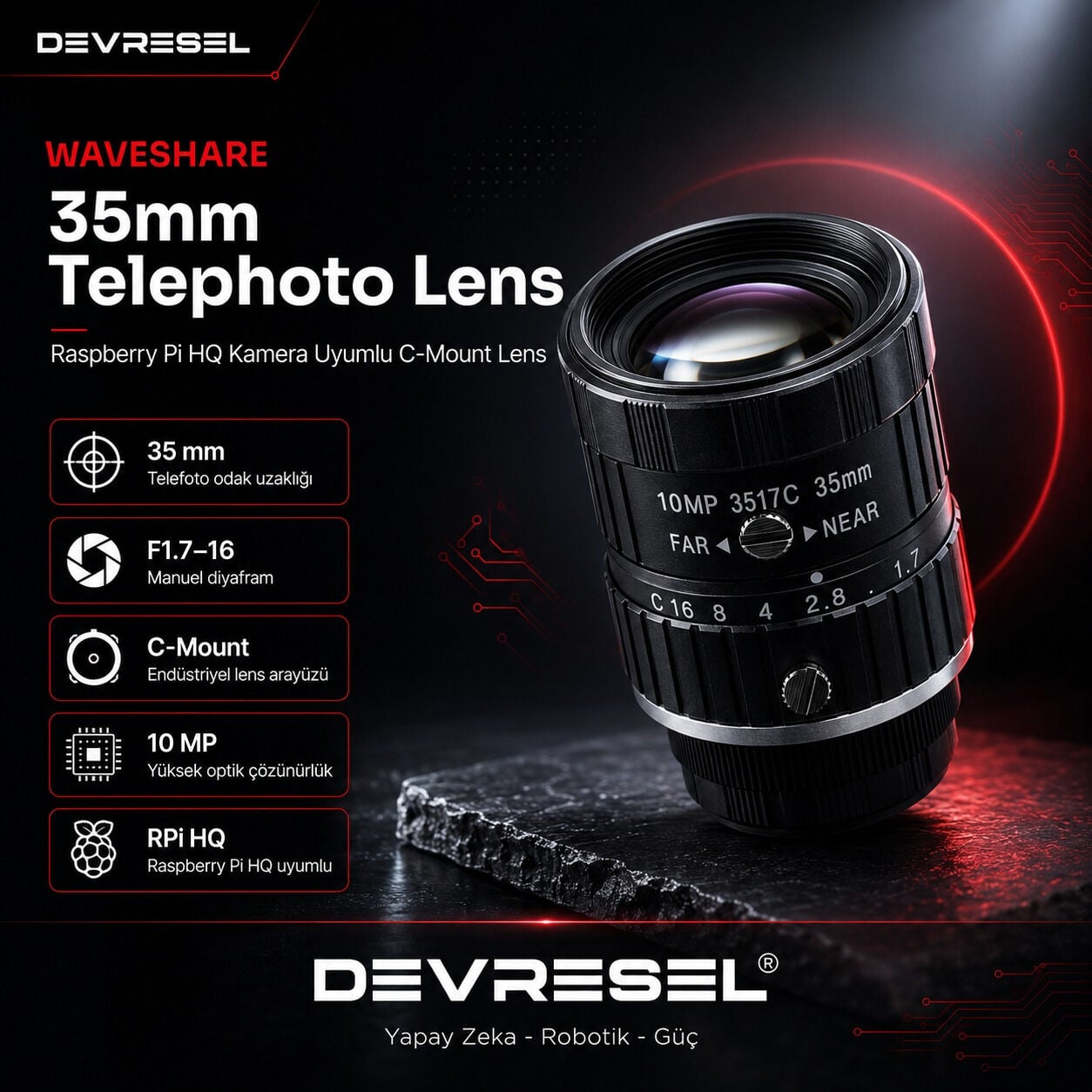 Waveshare 35mm F1.7 C-mount endustriyel telefoto lens, 1 inc format Raspberry Pi HQ kamera uyumlu genel gorunum