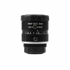 Waveshare 35mm telefoto lens uzerindeki manuel diyafram ve odak ayar halkalari, yan profil gorunum