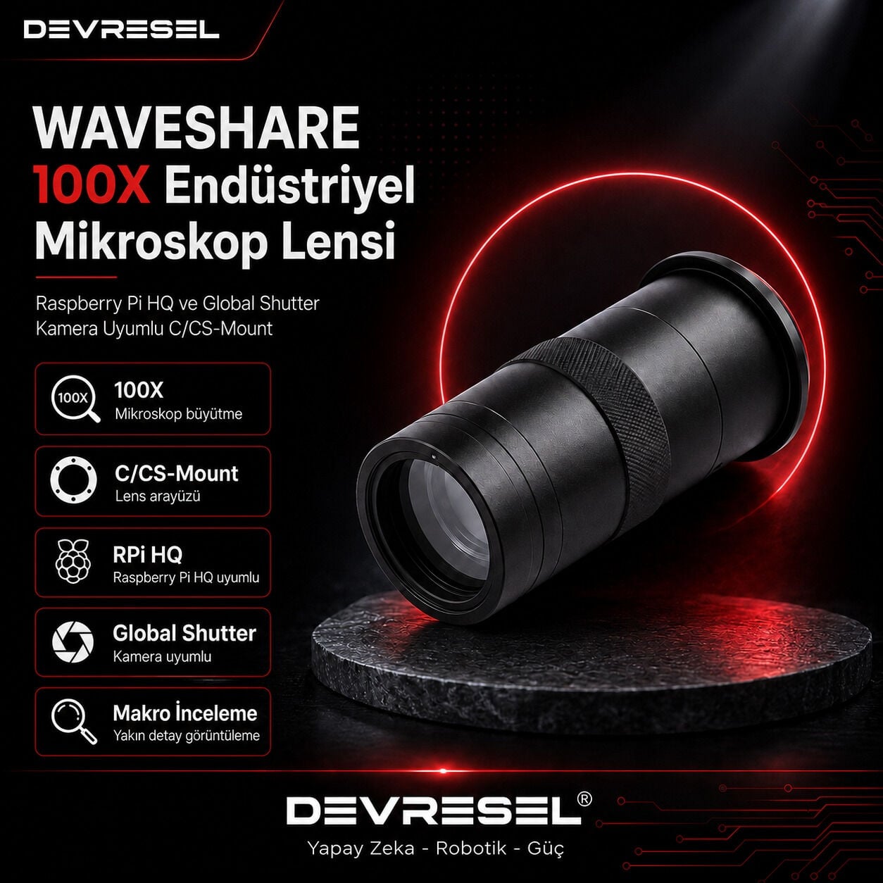 Waveshare 100X mikroskop lens Raspberry Pi High Quality Camera IMX477 moduline monte edilmis kurulum detayi