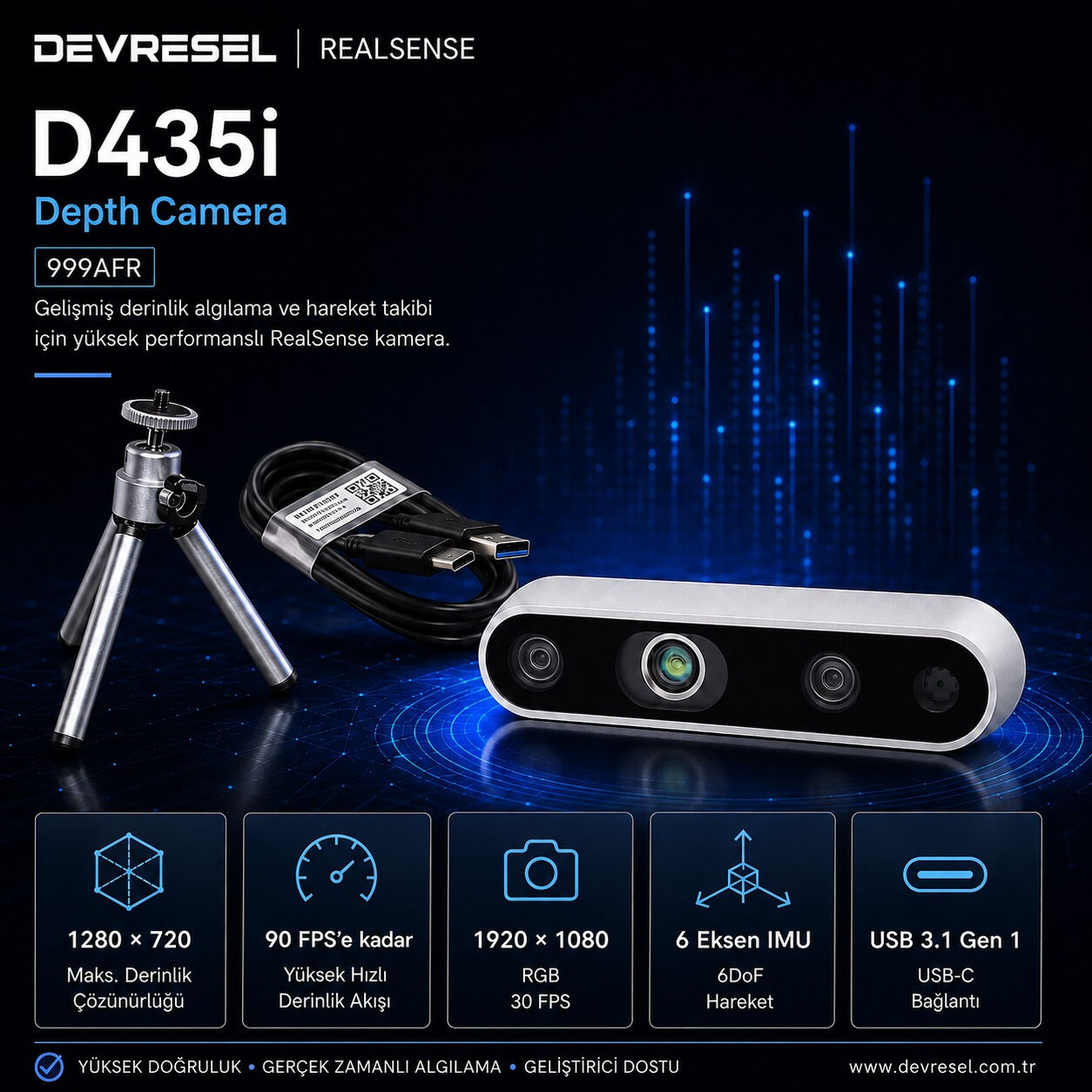 RealSense D435i 999AFR kit icerigi: kamera, USB-C kablo ve masaustu tripod, 999AXG dokme paketten farki