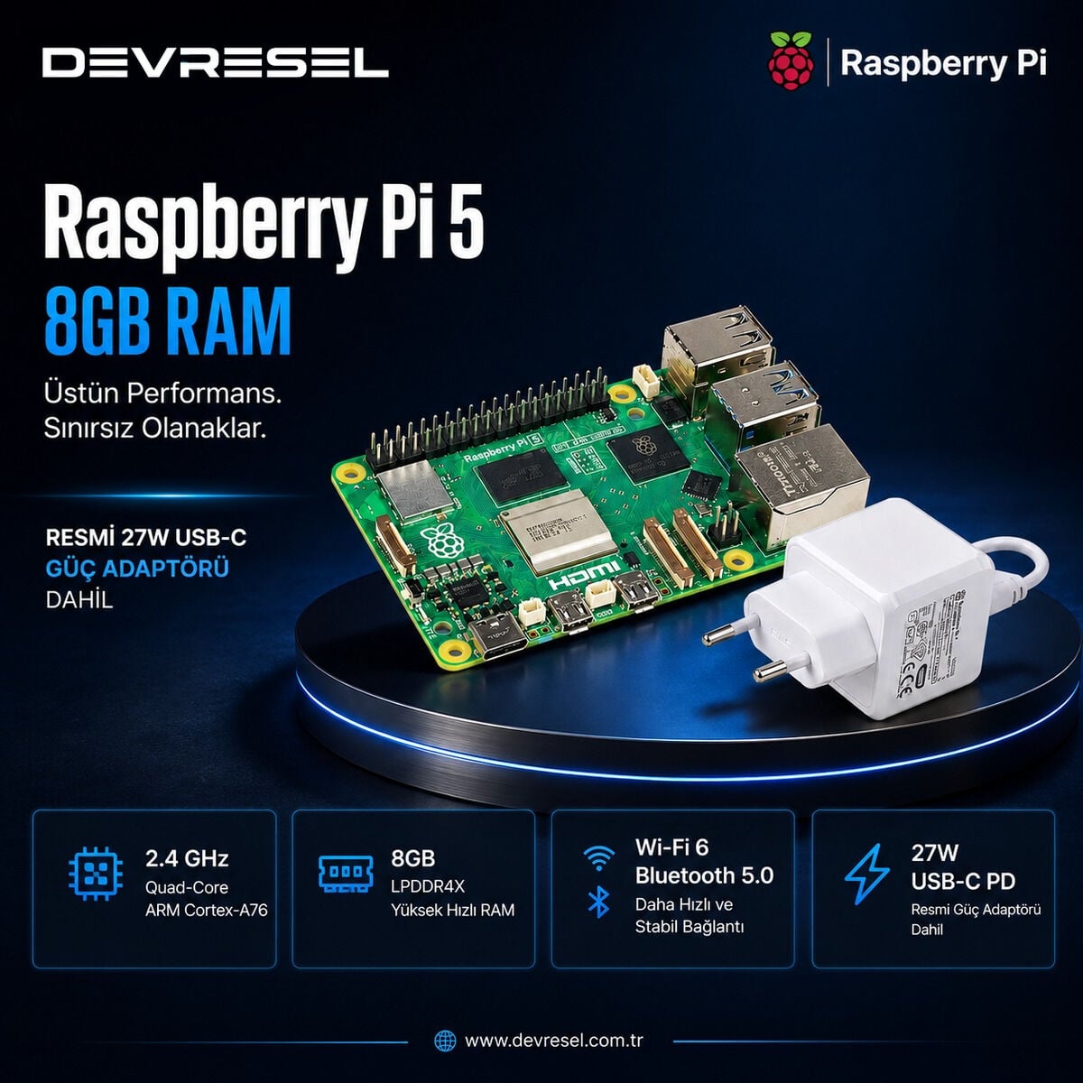 Raspberry Pi 5 8GB kart ve orijinal 27W USB-C guc adaptoru seti, Devresel guvencesiyle