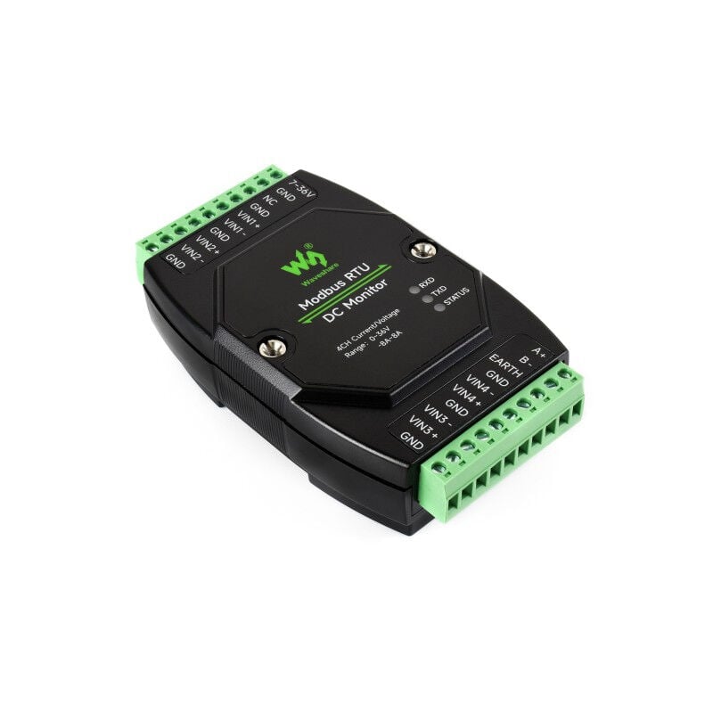 Waveshare Modbus RTU DC Monitor 4 kanal izole DC akim ve gerilim olcum modulu on gorunum